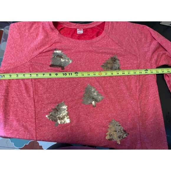 Holiday Time Red Crew Neck Long Sleeve Gold Sequin Trees Pullover Shirt Sz 20W - Picture 7 of 10